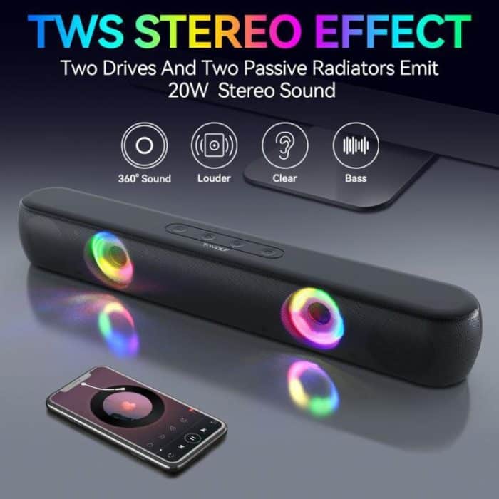 T-WOLF B320 TWS RGB Bluetooth 5.0 Speaker Desktop Soundbar Subwoofer Support USB / AUX / TF / FM, B320 – Bild 4