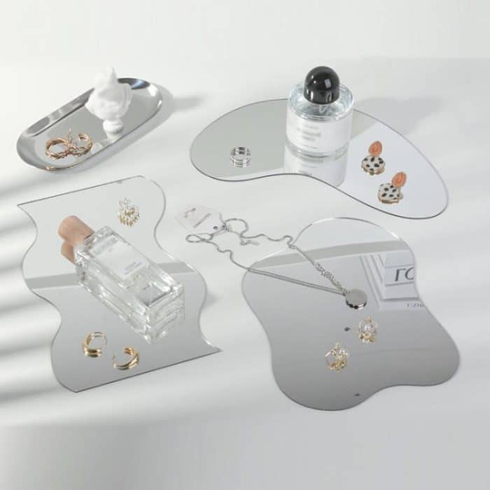 Acrylic Mirror Reflective Tray Display Jewelry Photo Props Photography Background Decoration, 27x12cm Crescent, 24x14cm Corrugated, 22x17cm Irregular Shape – Bild 2