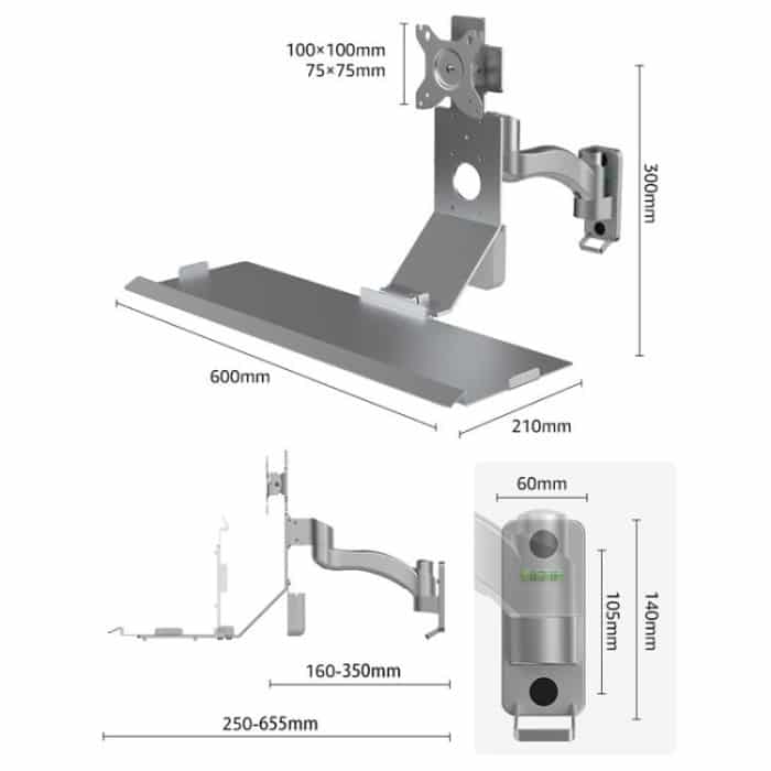 Monitor Bracket Industrial Equipment Cabinet Wall Mount All-In-One Stand Mouse Keyboard Bracket, WKS-1 21x60cm Tray Silver, WKS-1 21x60cm Tray Black, WKS-2 21x60cm Tray Silver, WKS-2 21x60cm Tray Black – Bild 3