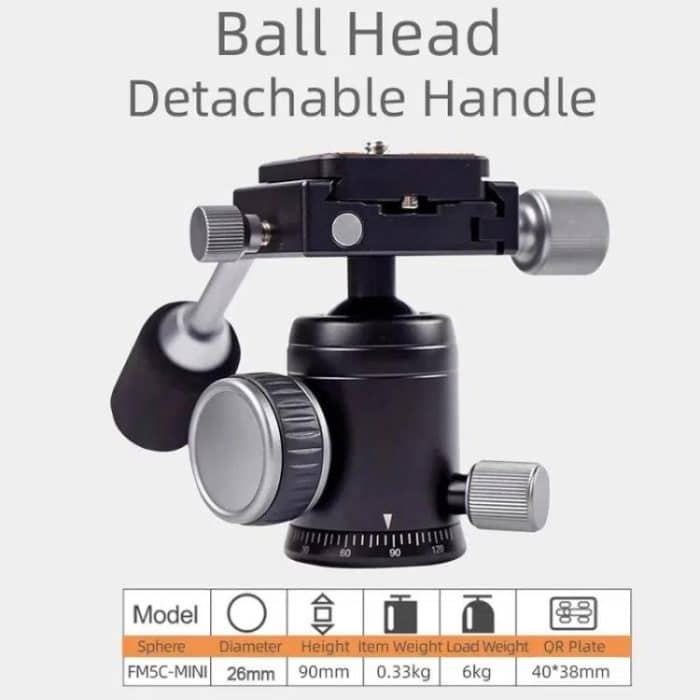 XILETU FM5C-MINI Einstellbare 16,5-51 cm Aluminium Stativ mit 26mm Ball Kopf 6kg Last Kapazität für 360-grad Panorama Schießen – Bild 5