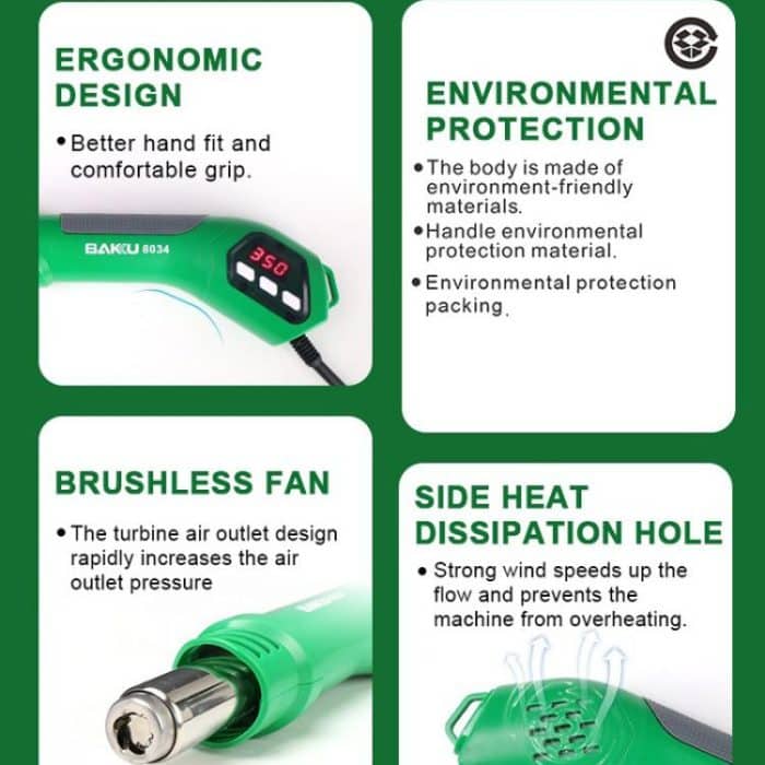 BAKU BA-8034 650W Hot Air Blower 100-500 Degrees Celsius Heat Tool With 3 Nozzles, 220V EU Plug, 110V US Plug – Bild 3