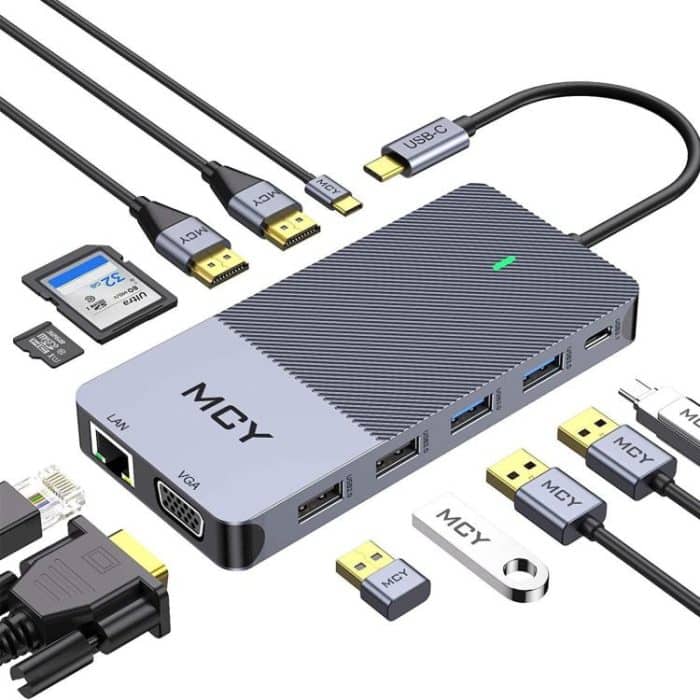 TBD06060521.jpg MCY 12-in-1 USB-C-Hub mit Dreifach-Monitor-Unterstützung (1000 Mbit/s Lan+VGA+USB3.0/USB2.0+SD/TF+2 HDMI 4K 30 Hz+85 W PD) – Bild 1