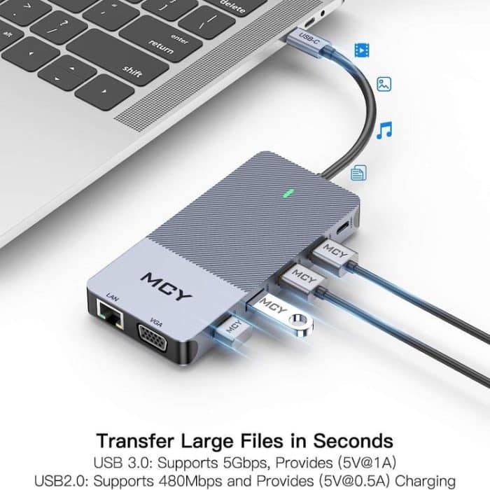 MCY 12-in-1 USB-C-Hub mit Dreifach-Monitor-Unterstützung (1000 Mbit/s Lan+VGA+USB3.0/USB2.0+SD/TF+2 HDMI 4K 30 Hz+85 W PD) – Bild 7