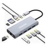 QGeeM 9-in-1 USB-C/Typ-C-Dockingstation-Hub RJ45 + 4K 30 Hz HDMI + PD 85 W + USB 2.0/USB 3.0 + SD/TF