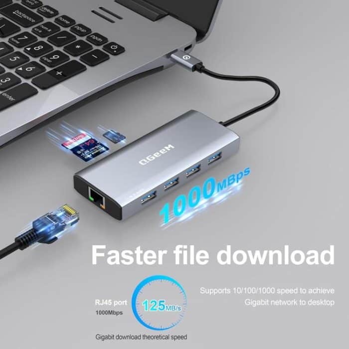 QGeeM 9-in-1 USB-C/Typ-C-Dockingstation-Hub RJ45 + 4K 30 Hz HDMI + PD 85 W + USB 2.0/USB 3.0 + SD/TF – Bild 4