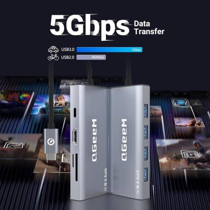 QGeeM 9-in-1 USB-C/Typ-C-Dockingstation-Hub RJ45 + 4K 30 Hz HDMI + PD 85 W + USB 2.0/USB 3.0 + SD/TF – Bild 6