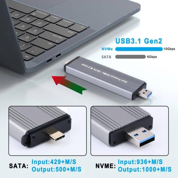 10Gbps USB3.1 Gen2 NVMe Hard Drive Enclosure With Direct Plug USB + Type-C Dual Interface, M.2 NVMe, 2230/2242 NVMe, NVMe / SATA M.2 – Bild 5