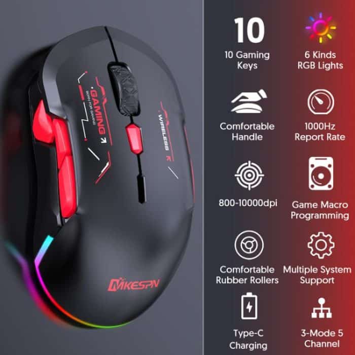 MKESPN W12 Tri-Mode 5-Channel Gaming Mouse 10-Key 10000 DPI Ambidextrous Design RGB Macro Mouse, W12 Blue, W12 Red – Bild 3