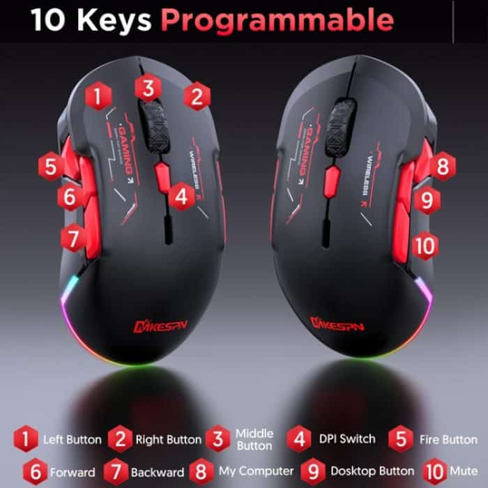 MKESPN W12 Tri-Mode 5-Channel Gaming Mouse 10-Key 10000 DPI Ambidextrous Design RGB Macro Mouse, W12 Blue, W12 Red – Bild 5