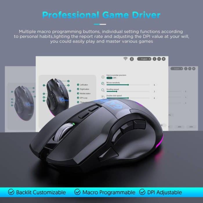 MKESPN W10 Tri-Mode Wireless Gaming Mouse 2400DPI with 9 Programmable Buttons, RGB Lighting, Type-C Rechargeable, W10 – Bild 7