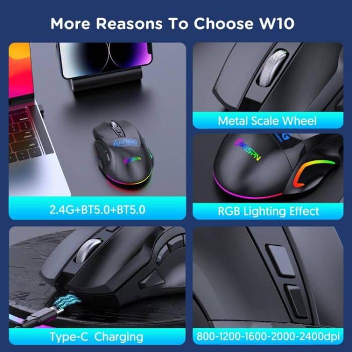 MKESPN W10 Tri-Mode Wireless Gaming Mouse 2400DPI with 9 Programmable Buttons, RGB Lighting, Type-C Rechargeable, W10 – Bild 8