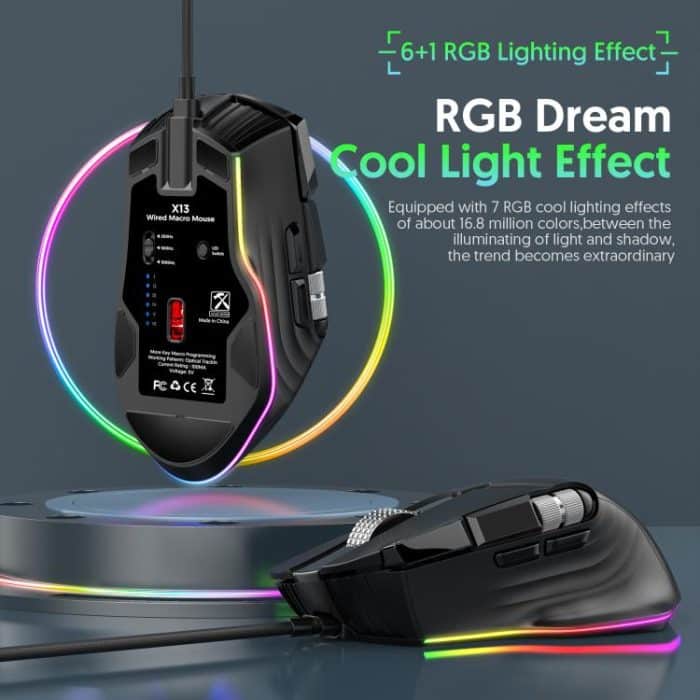 MKESPN X13 RGB Full Speed Wired Gaming Mouse 12400 DPI 10-Key Dual Scroll Wheel Swing Macro Programmable Mouse, X13 – Bild 6