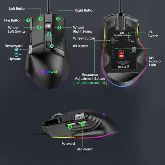 MKESPN X13 RGB Full Speed Wired Gaming Mouse 12400 DPI 10-Key Dual Scroll Wheel Swing Macro Programmable Mouse, X13 – Bild 9