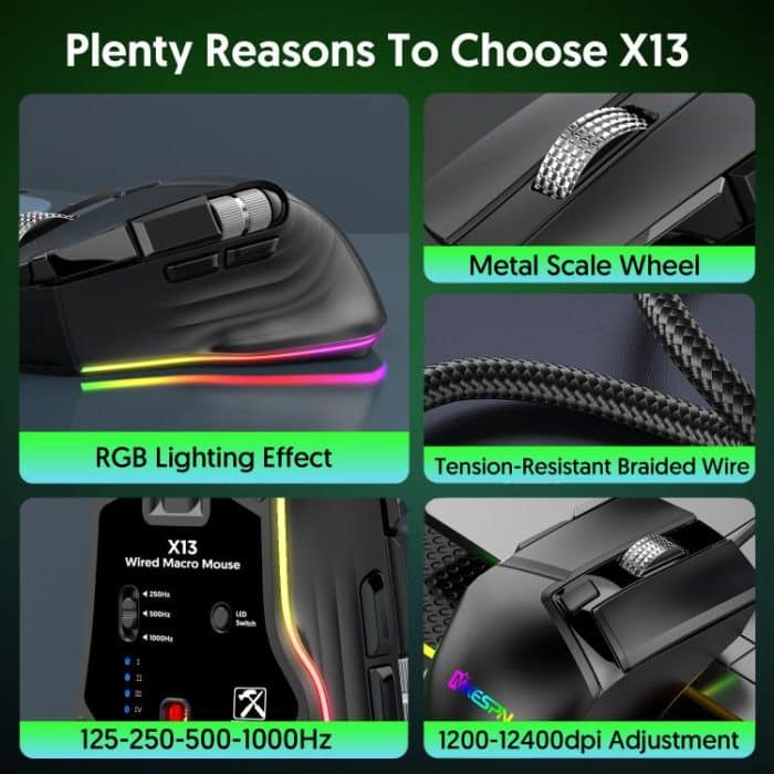 MKESPN X13 RGB Full Speed Wired Gaming Mouse 12400 DPI 10-Key Dual Scroll Wheel Swing Macro Programmable Mouse, X13 – Bild 10