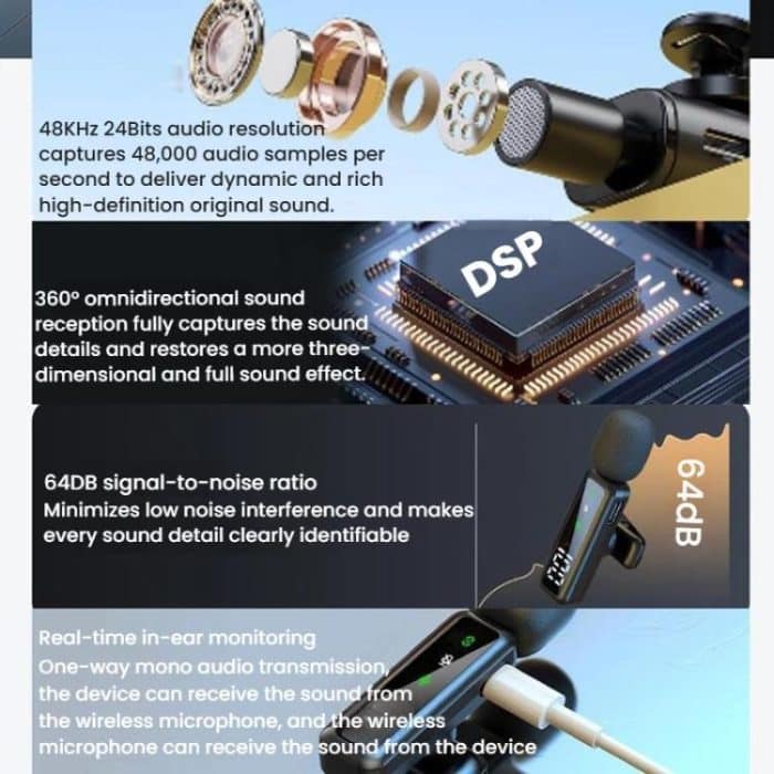 Live Noise Reduction Video Shooting Mini Mobile Phone Microphone Digital Wireless Lapel Microphone, H68 3 In 1 Single Mic, H68 3 In 1 Dual Mic, H67 Type-C Single Mic, H67 Type-C Dual Mic, H67 8 Pin Single Mic, H67 8 Pin Dual Mic – Bild 4