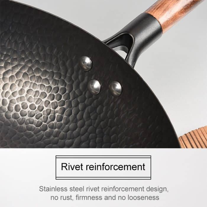 Vintage traditionelle handgemachte unbeschichtete Wok-Pfanne, 32cm with Wooden Cover – Bild 3