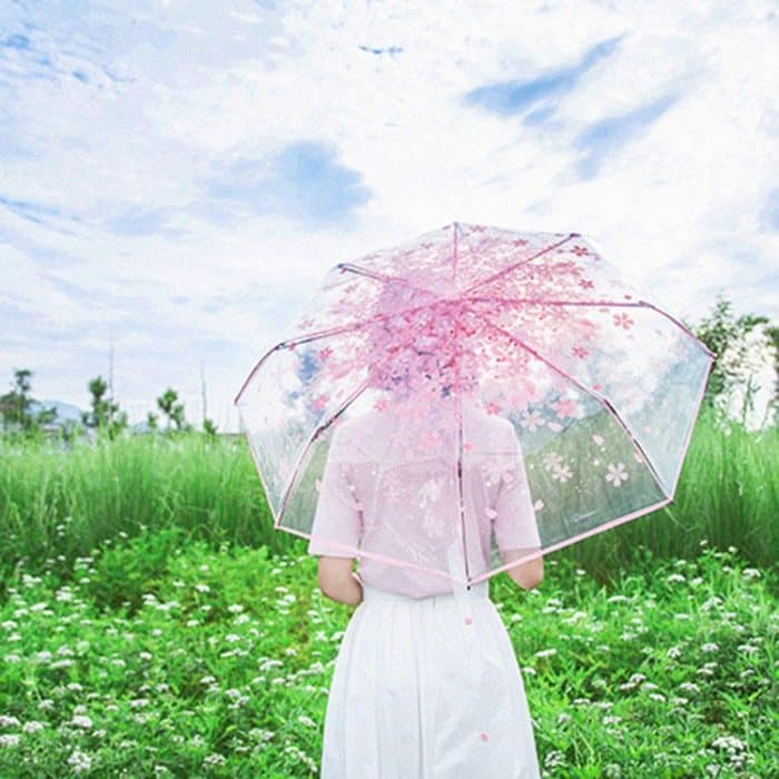 2 Stück Kirschblüten-transparenter dreifach faltbarer Regenschirm, individueller Faltschirm – Bild 5