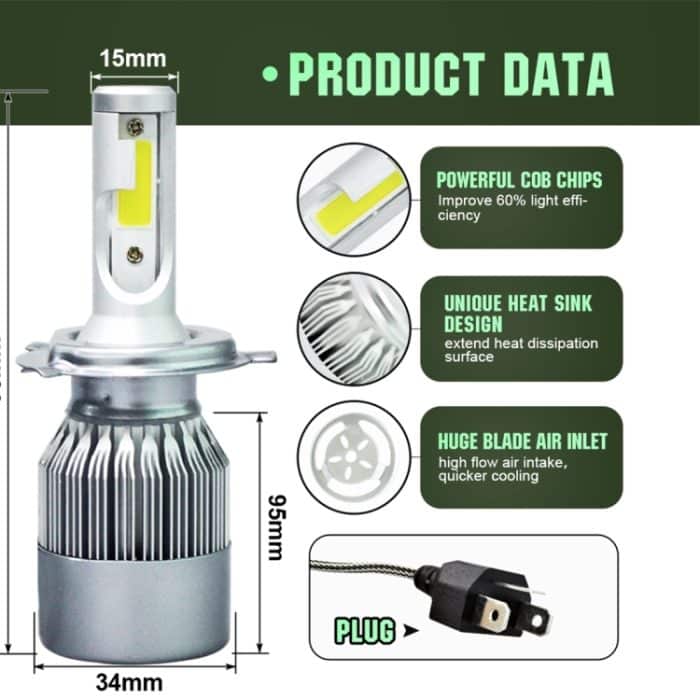 2 Stück H4 18 W 1800 lm 6000 K wasserdichter IP68-Auto-LED-Scheinwerfer mit 2 COB-LED-Lampen, DC 9–36 V, H4 – Bild 3