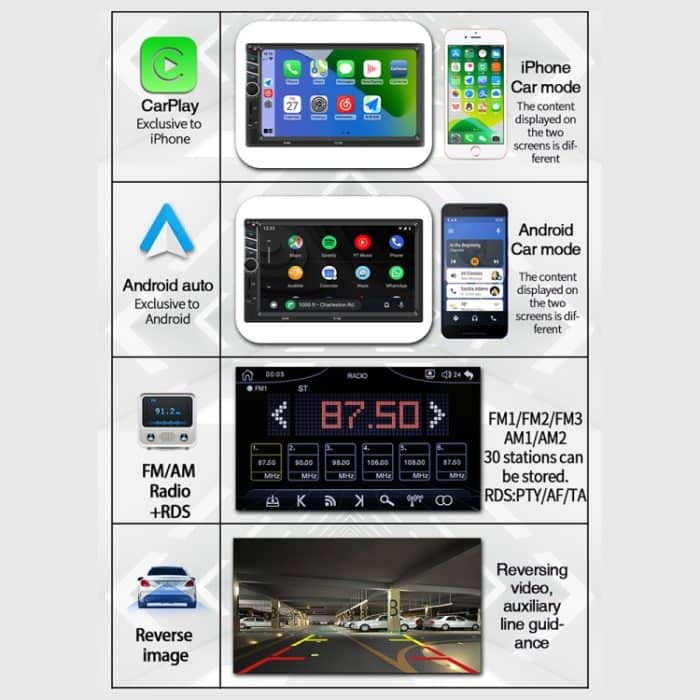 7013B HD 7 Zoll Autoradio-Empfänger MP5-Player, unterstützt FM & Bluetooth & TF-Karte & Telefonverbindung & kabelgebundenes Carplay – Bild 5