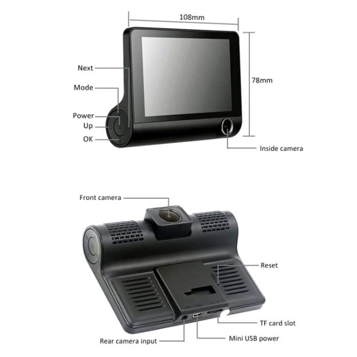 4,0-Zoll-IPS-Bildschirm 5,0 Megapixel 170 Grad Weitwinkel Full HD 1080P 3-Kanal-Video-Auto-DVR, Unterstützung für Nachtsicht-Fülllicht / Umkehrvisualisierung / TF-Karte (max. 32 GB) / G-Sensor / Bewegungserkennung – Bild 10