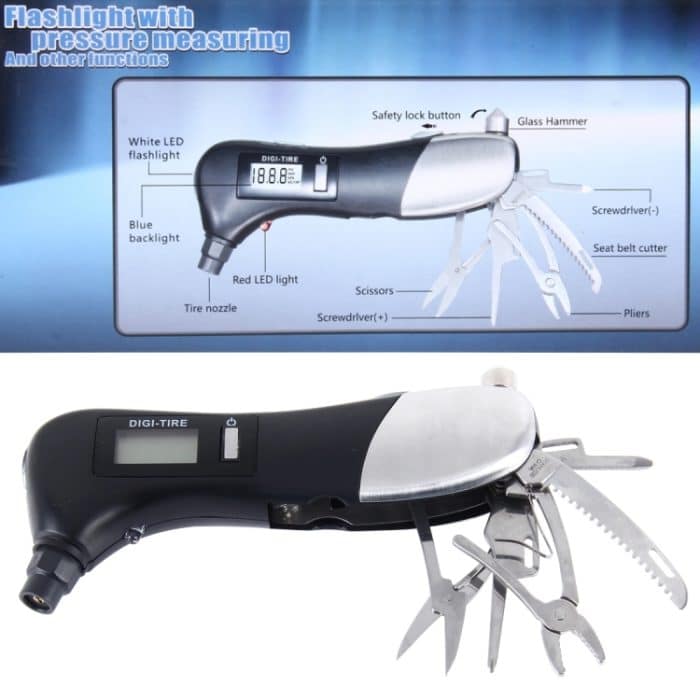 9 in 1 Digitaler Reifendruckmesser Multifunktions-Sicherheitshammer mit Schweizer Taschenmesser, Taschenlampe und roter Sicherheitsleuchte, Outdoor-Werkzeugsatz – Bild 5