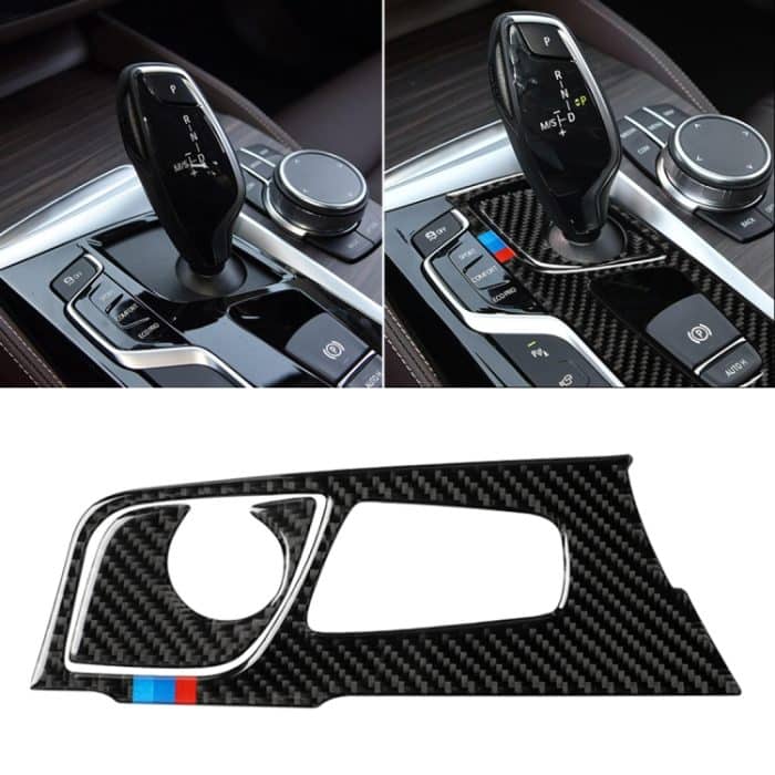 2 in 1 Auto Tricolor Carbon Fiber Gear Position Panel Dekorativer Aufkleber für BMW 5er G38 528Li / 530Li / 540Li 2018, Linksantrieb – Bild 1