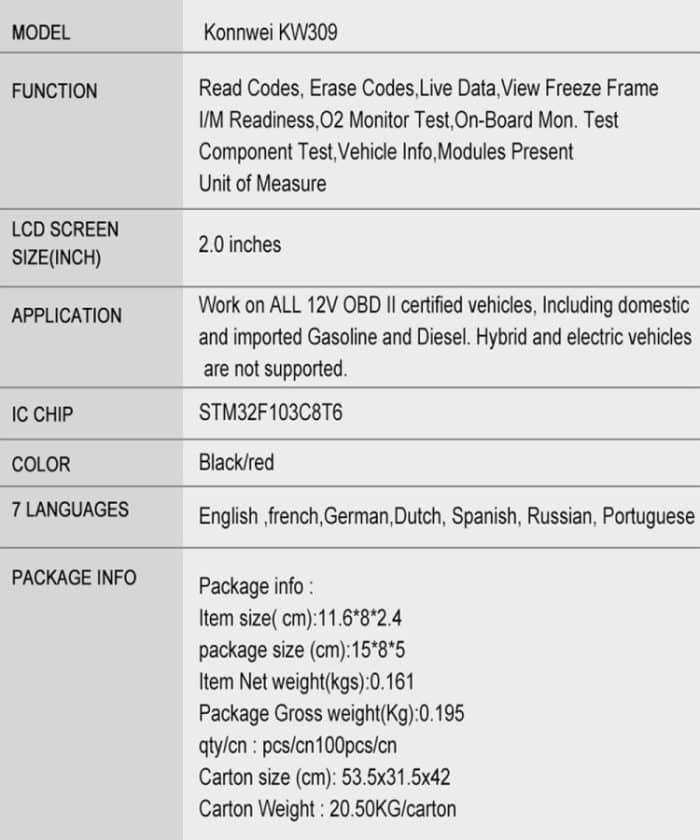 KONNWEI KW309 V309 V310 MS309 Codeleser OBD2-Scanner-Diagnosetool, KW309 – Bild 18