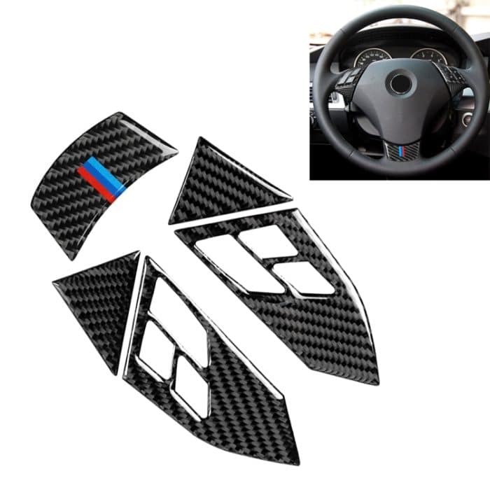 5 in 1 Auto Carbon Faser Tricolor Lenkradknopf Dekorativer Aufkleber für BMW 5er E60 2004-2010, Links- und Rechtsantrieb Universal – Bild 1