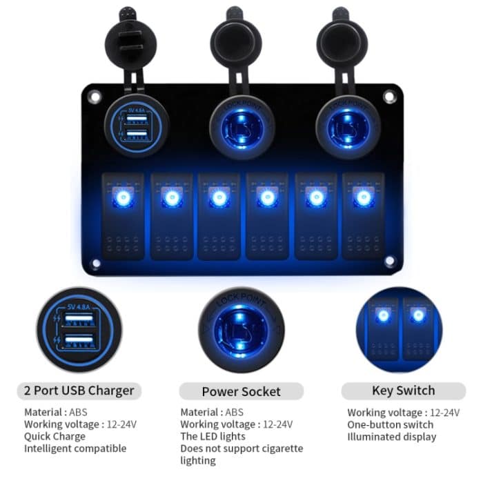 Multifunktionales Kombi-Schaltfeld, 12 V/24 V, 6-Wege-Schalter + Dual-USB-Ladegerät für Auto, Wohnmobil, Marine, Boot, 6 Way (Blue Light), 6 Way (Green Light), 6 Way (Red Light) – Bild 7