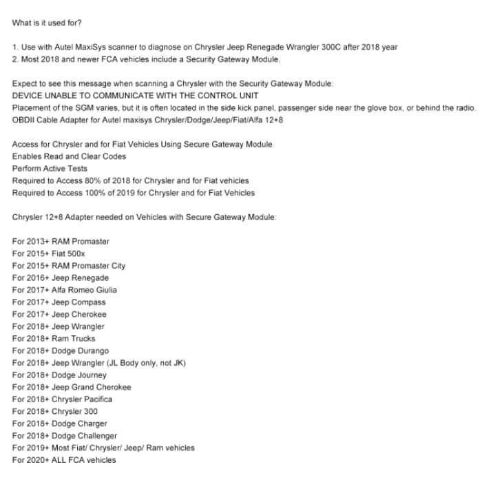 Auto FCA 12 + 8pin zur OBD2-Diagnoseschnittstelle für Chrysler – Bild 6