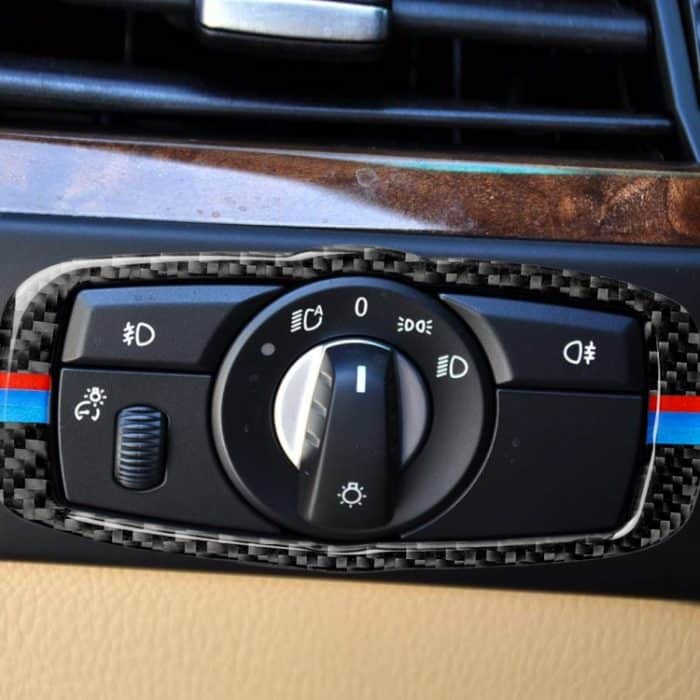 Auto Carbon Fiber Tricolor Scheinwerfer Schalterrahmen Dekorativer Aufkleber für BMW 2008-2013 X5 E70 / X6 E71 / 5 Serie E60 2008-2010, Links- und Rechtsantrieb Universal – Bild 7