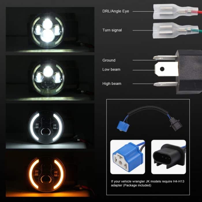 7 Zoll H4 / H13 DC 9V-30V 3000LM 3000K-6000K 25W Auto runde Form LED-Scheinwerferlampen für Jeep Wrangler, mit Angel Eye – Bild 4