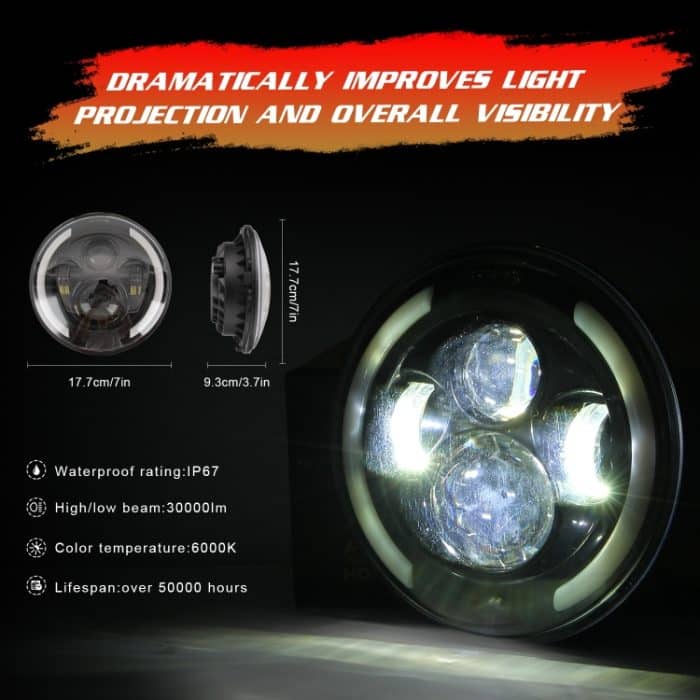 7 Zoll H4 / H13 DC 9V-30V 3000LM 3000K-6000K 25W Auto runde Form LED-Scheinwerferlampen für Jeep Wrangler, mit Angel Eye – Bild 8