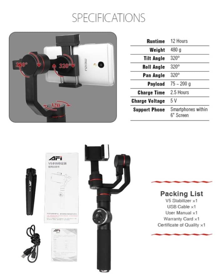 AFI V5 Smooth 3-Achsen-Handheld-Aluminium-Brushless-Gimbal-Stabilisator mit Stativhalterung und Fülllicht für Smartphones innerhalb von 6 Zoll, unterstützt Gesichtsverfolgung – Bild 15