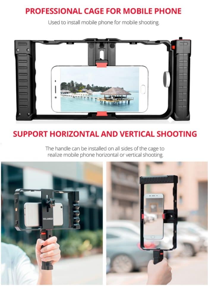 YELANGU PC02A Vlogging Live Broadcast Kunststoffkäfig Video Rig Filmmaking Stabilisator Halterung für iPhone, Galaxy, Huawei, Xiaomi, HTC, LG, Google und andere Smartphones, PC02A – Bild 7