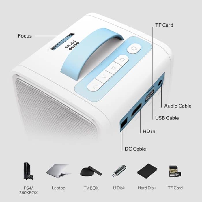 W-S1 10W Kinder-Videoprojektor 30 Lumen HD 1080P LCD-Technologie, unterstützt AV / USB / Mini-SD-Karte / HDMI / Audio – Bild 6