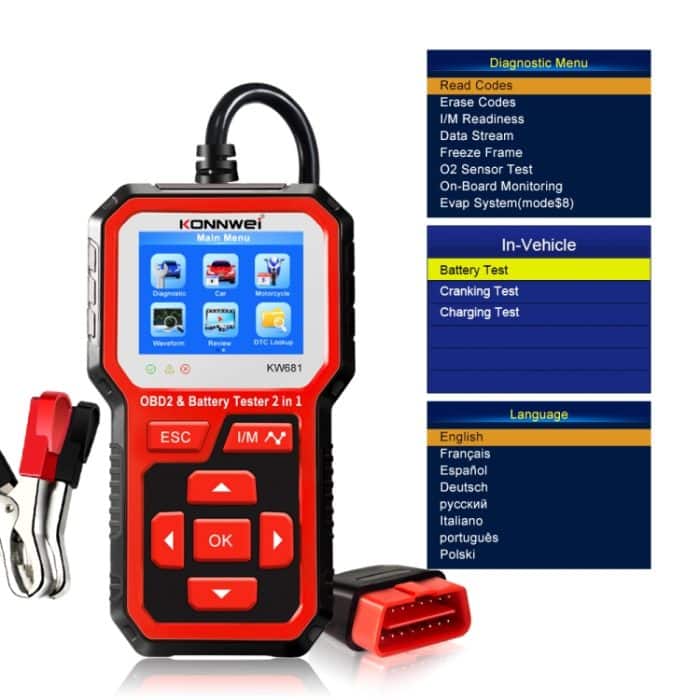 Konnwei Kw681 Auto 2,4 Zoll TFT-Bildschirm OBD-Fehlerdiagnose + 6V-12V-Batterietesterstütze 9 Sprachen – Bild 5