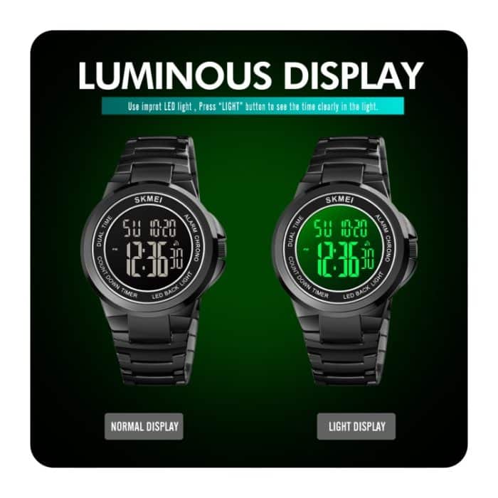 SKMEI 1712 Dualzeit-LED-Digitalanzeige, leuchtendes Edelstahlarmband, elektronische Uhr – Bild 6