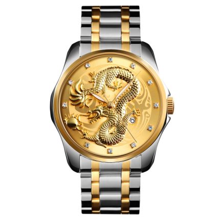 SKMEI 9193 Herren-Armbanduhr mit goldenem Drachenmuster und Kalender-Zifferblatt, leuchtende Quarzuhr