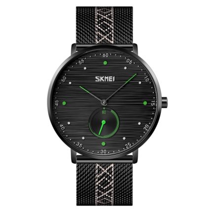 SKMEI 9218 Herren-Quarzuhr mit horizontal gestreiftem arabischen Ziffern-Zifferblatt und Mesh-Gürtel