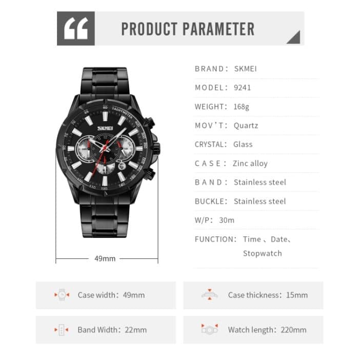 SKMEI 9241 Herren Kalender Stoppuhr Edelstahlarmband Quarzuhr – Bild 6