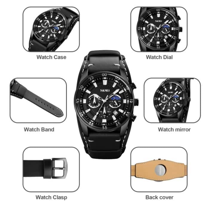 SKMEI 9249 Herren Mondphase Kalender Stoppuhr Lederarmband Quarzuhr – Bild 3