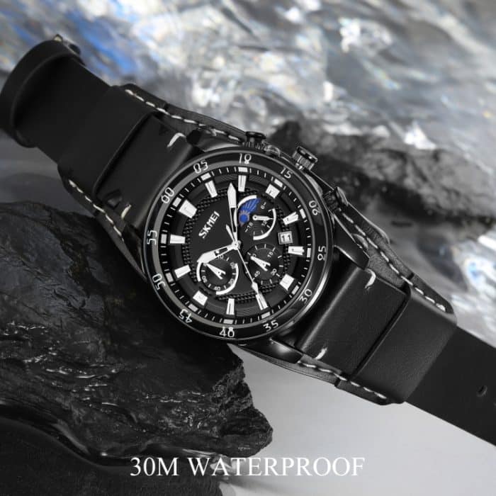 SKMEI 9249 Herren Mondphase Kalender Stoppuhr Lederarmband Quarzuhr – Bild 4