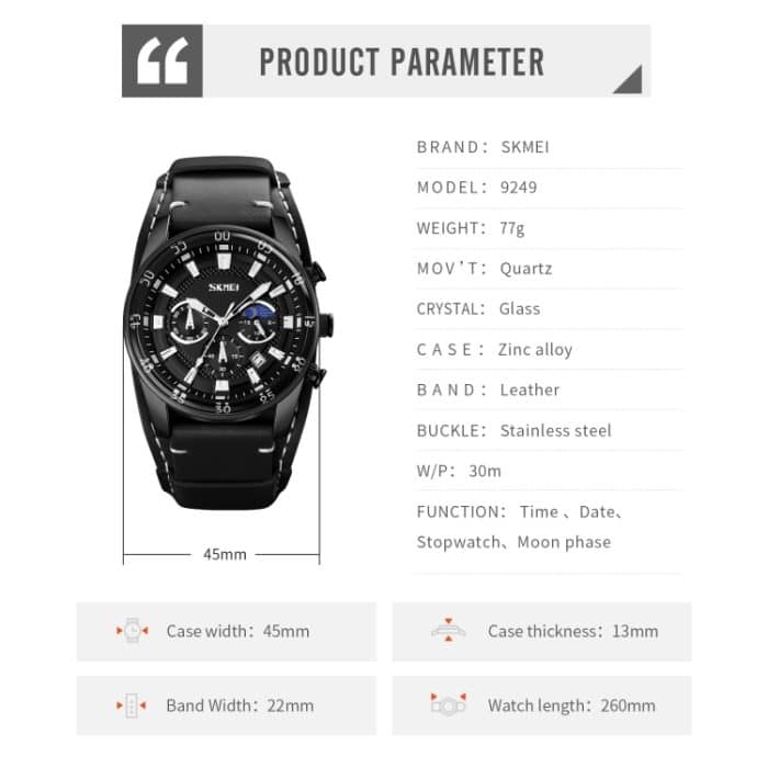 SKMEI 9249 Herren Mondphase Kalender Stoppuhr Lederarmband Quarzuhr – Bild 5