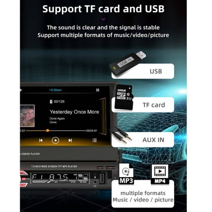9601C HD 7 Zoll Universal Auto manuell einziehbarer Bildschirm MP5-Player mit Carplay, Support FM & Bluetooth & TF-Karte – Bild 4
