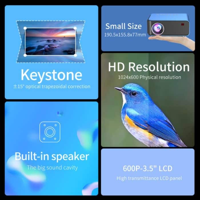 Tragbarer Heimkino-LCD-Projektor T4, reguläre Version, 1024 x 600, 1200 Lumen, US Plug, EU Plug, UK Plug, AU Plug – Bild 5