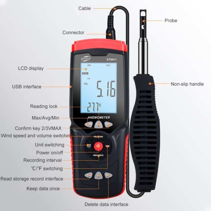 Benetech GT8911 Handheld Digital LCD Hot Draht Anemometer – Bild 7