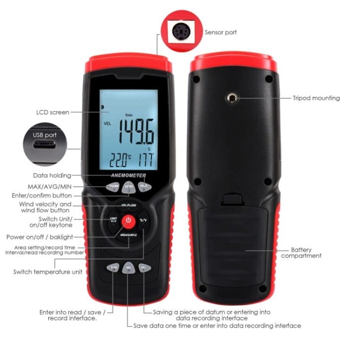 Benetech GT8913 Handheld Digital LCD Hot Draht Anemometer, Batterie nicht enthalten – Bild 6