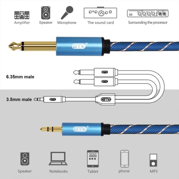 EMK 3,5-mm-Klinkenstecker auf 2 x 6,35-mm-Klinkenstecker, vergoldeter Stecker, Nylongeflecht, AUX-Kabel für Computer/X-BOX/PS3/CD/DVD, 1m, 1.5m, 2m, 3m, 5m – Bild 6