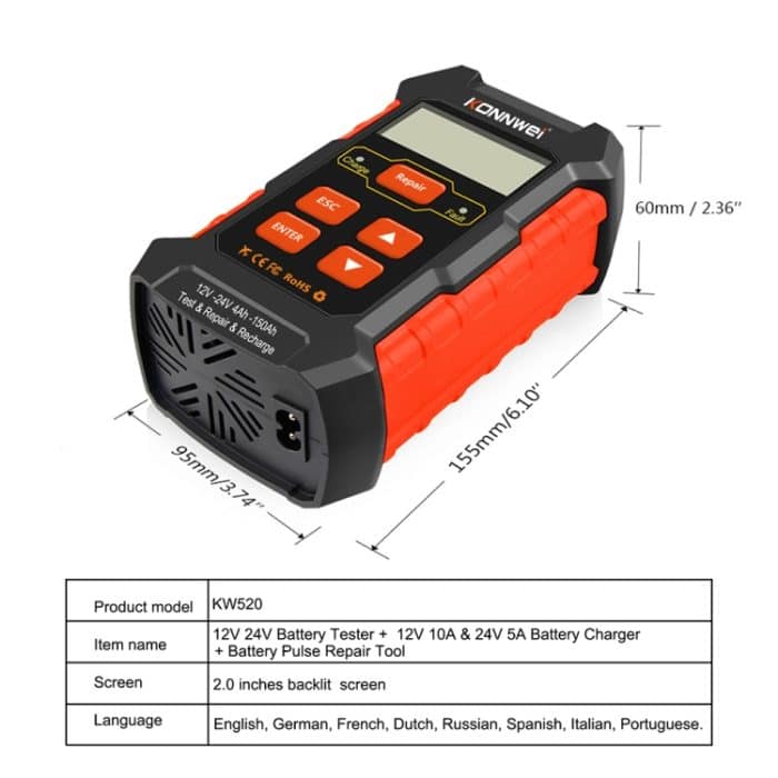 KONNWEI KW520 12V / 24V 3-in-1-Autobatterietester mit Erkennungs-, Reparatur- und Ladefunktion, KW520 – Bild 9